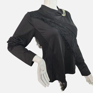 70s Icinoo Black Lace Beaded Top Asymmetrical High Neck Nylon Poly Long Slv Med